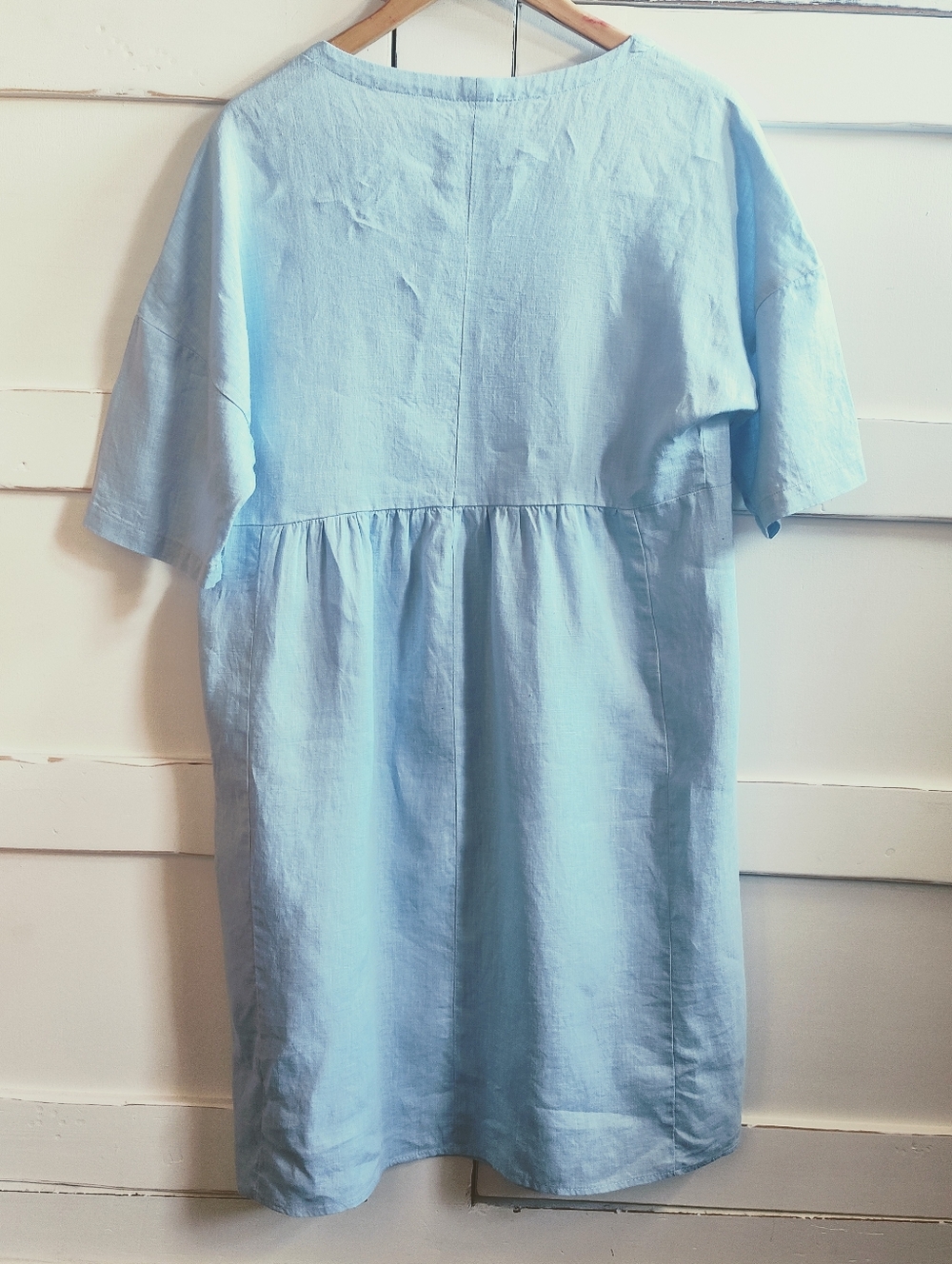 Lintico Women's Baby Blue 100% Linen A Line Midi Short Sleeve Dress | Medium - Picture 5 of 7